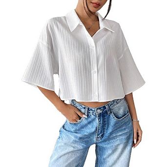 Half Sleeve Blouses for Women Casual Loose Lapel Collared Button Down Crop Business Office Shirts