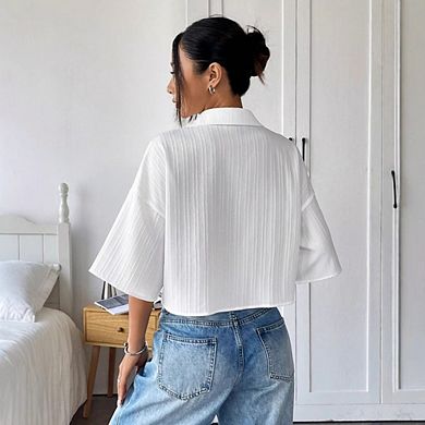 Half Sleeve Blouses for Women Casual Loose Lapel Collared Button Down Crop Business Office Shirts