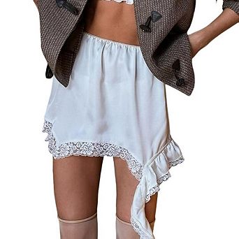 Women Lace Trim Satin Mini Skirt High Waist Asymmetrical Silky Satin Skirts Flowy Casual