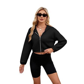 Women's Cropped Zip Up Hoodie Long Sleeve Loose Fit Casual Sweatshirt for Lounge Athletic