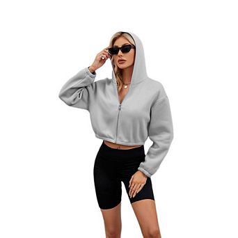 Women's Cropped Zip Up Hoodie Long Sleeve Loose Fit Casual Sweatshirt for Lounge Athletic