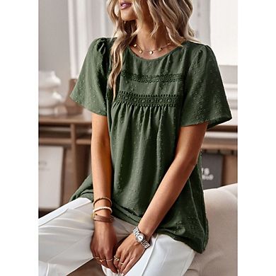Womens Boho Crewneck Short Sleeve Shirts Casual Chiffon Blouses Flowy Lace Hem Summer Tops
