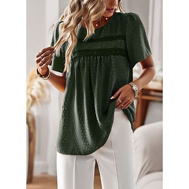 Womens Boho Crewneck Short Sleeve Shirts Casual Chiffon Blouses Flowy Lace Hem Summer Tops