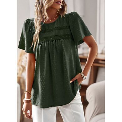 Womens Boho Crewneck Short Sleeve Shirts Casual Chiffon Blouses Flowy Lace Hem Summer Tops