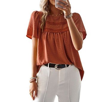 Womens Boho Crewneck Short Sleeve Shirts Casual Chiffon Blouses Flowy Lace Hem Summer Tops