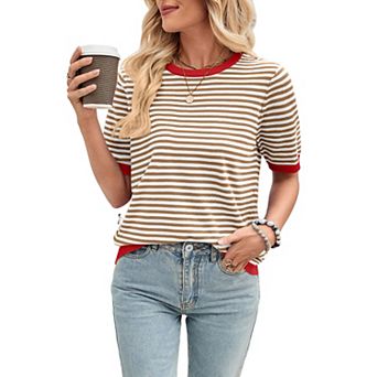 Women's Color Block Blouse Striped Knit TopShort Sleeve Crewneck T-Shirt