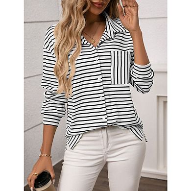 Women's Casual Button Down Business Work Tops Long Sleeve V Neck Striped Blouses