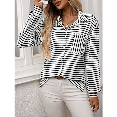 Women's Casual Button Down Business Work Tops Long Sleeve V Neck Striped Blouses