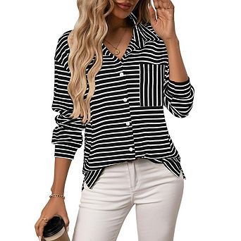 Women's Casual Button Down Business Work Tops Long Sleeve V Neck Striped Blouses