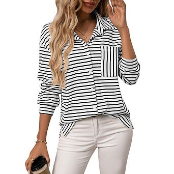 Women's Casual Button Down Business Work Tops Long Sleeve V Neck Striped Blouses