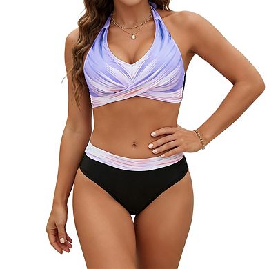 Womens Halter Neck Bikini Set Twist Front High Waist Bottoms Printed Swimwear Two Piece Bathing Suit