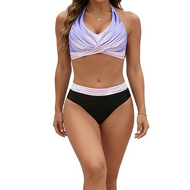 Womens Halter Neck Bikini Set Twist Front High Waist Bottoms Printed Swimwear Two Piece Bathing Suit