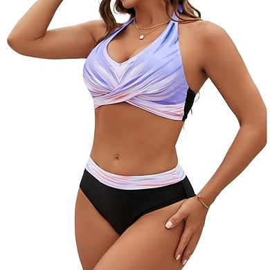Womens Halter Neck Bikini Set Twist Front High Waist Bottoms Printed Swimwear Two Piece Bathing Suit