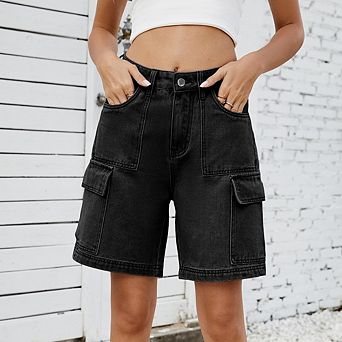 Women Bermuda Shorts Cargo Shorts Summer Casual Knee Length 6 Pockets Elastic Waist Long Shorts