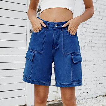 Women Bermuda Shorts Cargo Shorts Summer Casual Knee Length 6 Pockets Elastic Waist Long Shorts