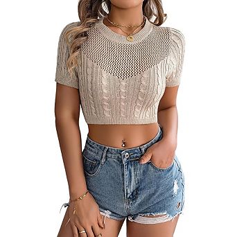 Women's Summer Short Sleeve Cable Knit Cropped Tops Hollow-Out Crop Slim Fit Crewneck Tees