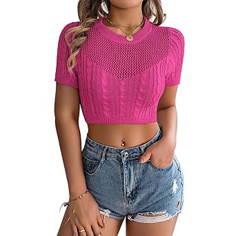 Women's Summer Short Sleeve Cable Knit Cropped Tops Hollow-Out Crop Slim Fit Crewneck Tees