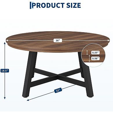 36 Inch Round Coffee Table with Industrial Wood Grain, Large Center Table