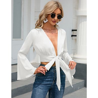 Women's V Neck Long Bell Sleeve Wrap Blouse Top Tee Shirts