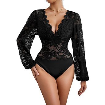 Women's Floral Lace Bodysuit Deep V Neck Long Sleeve Leotard Tops