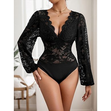 Women's Floral Lace Bodysuit Deep V Neck Long Sleeve Leotard Tops