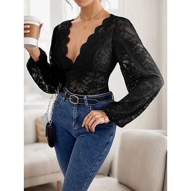Women's Floral Lace Bodysuit Deep V Neck Long Sleeve Leotard Tops