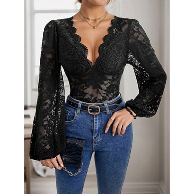 Women's Floral Lace Bodysuit Deep V Neck Long Sleeve Leotard Tops