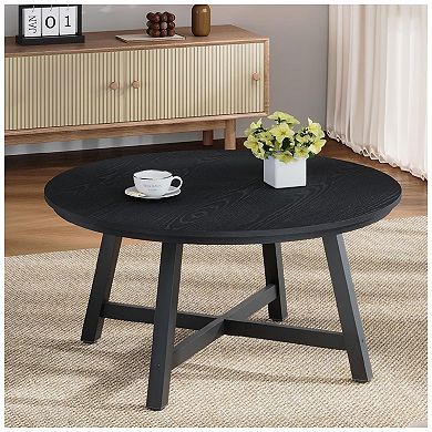 36 Inch Round Coffee Table with Industrial Wood Grain, Large Center Table
