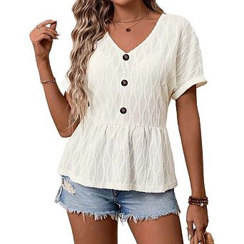 Women's Eyelet Textured Short Sleeve Button Loose Babydoll Tops