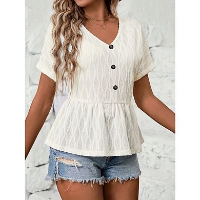 Women's Eyelet Textured Short Sleeve Button Loose Babydoll Tops