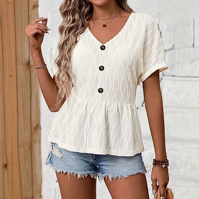 Women's Eyelet Textured Short Sleeve Button Loose Babydoll Tops