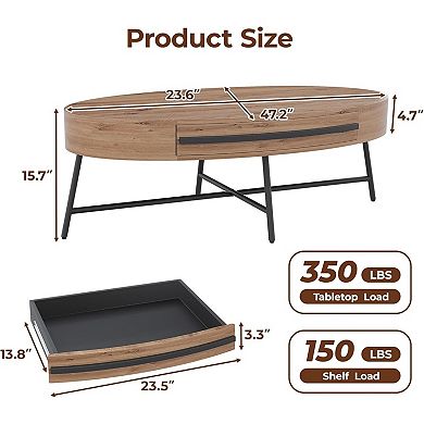 Oval Coffee Table with Drawer Mid-Century Modern Center Table 47.2" Wooden Coffee Table
