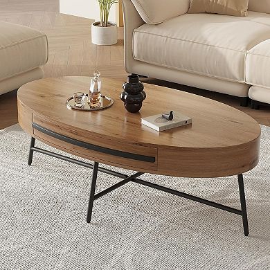 Oval Coffee Table with Drawer Mid-Century Modern Center Table 47.2" Wooden Coffee Table