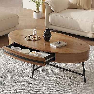 Oval Coffee Table with Drawer Mid-Century Modern Center Table 47.2" Wooden Coffee Table