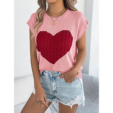 Womens Cap Sleeve Round Neck Cute Heart Loose Knit Heart Sweater