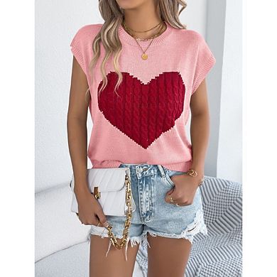 Womens Cap Sleeve Round Neck Cute Heart Loose Knit Heart Sweater