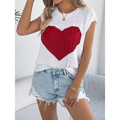 Womens Cap Sleeve Round Neck Cute Heart Loose Knit Heart Sweater