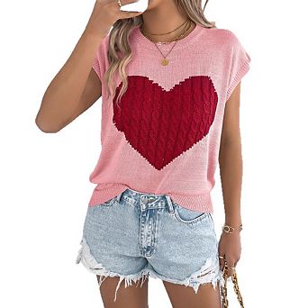 Womens Cap Sleeve Round Neck Cute Heart Loose Knit Heart Sweater
