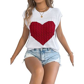 Womens Cap Sleeve Round Neck Cute Heart Loose Knit Heart Sweater