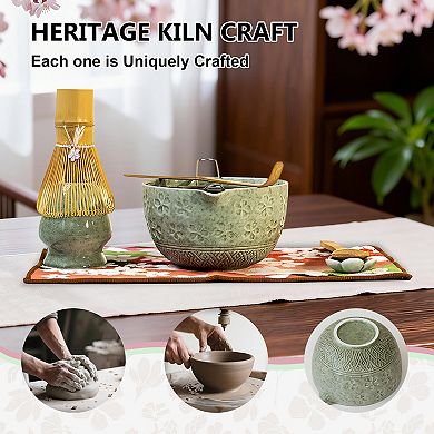 Premium Matcha Whisk Set with Ceramic Bowl, Whisk, Scoop, Sifter, Holder, Tea Towel