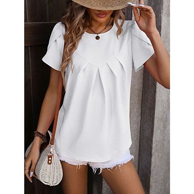 Women's Casual Round Neck Basic Pleated Tops Short Sleeve Loose Fit Curved Back Blouses Tshirts