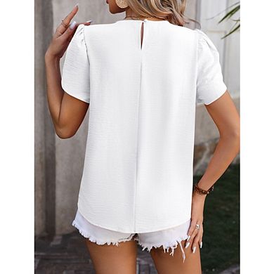 Women's Casual Round Neck Basic Pleated Tops Short Sleeve Loose Fit Curved Back Blouses Tshirts