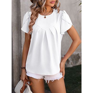 Women's Casual Round Neck Basic Pleated Tops Short Sleeve Loose Fit Curved Back Blouses Tshirts