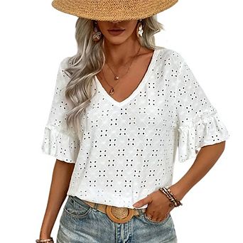 3/4 Sleeve Tops for Women V Neck Embroidered Eyelet Shirts Dressy Casual Blouses Summer Clothes