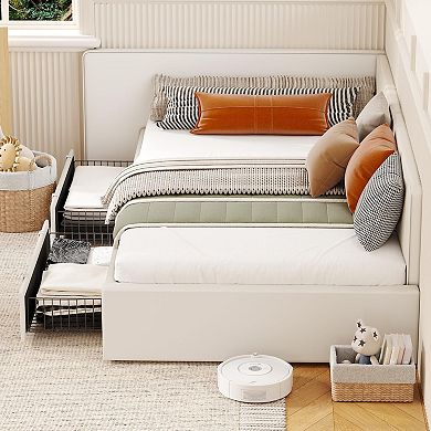 Twin Daybed with Storage Drawers, Velvet Upholstered Corner Bed Frame with Headboard Easy Assembly