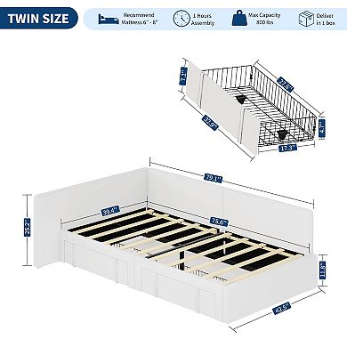 Twin Daybed with Storage Drawers, Velvet Upholstered Corner Bed Frame with Headboard Easy Assembly
