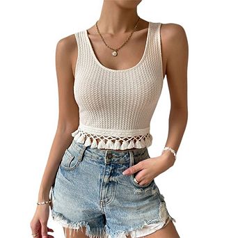 Women Boho Crop Sweaters Vest Knit Sleeveless Pullover Tops Travel Beach Pool Tank