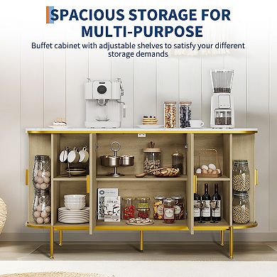 Sideboard Buffet Cabinet with Storage, Fluted Console Cabinet with Metal Legs, Faux Marble Top