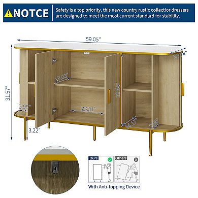 Sideboard Buffet Cabinet with Storage, Fluted Console Cabinet with Metal Legs, Faux Marble Top