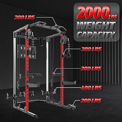 Power Cage, Squat Rack, Multifunctional Weight Cage with Cable Crossover System and LAT Pul